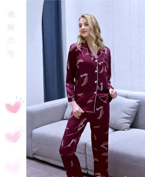 Doamna Pijama cu mânecă Lungă Gheață de Mătase Satin Homewear Nou Stil de Imprimare 2 Buc Costum Set Toate Anotimpurile de Agrement pentru Tineret cămașă de noapte J074