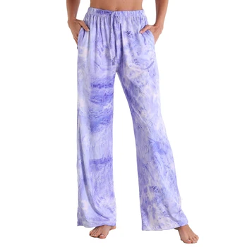 Doamnelor Bumbac Pantaloni De Yoga Pentru Femei Modă De Culoare Solidă Talie Mare Cordon Pantaloni Largi Tie-Dye Print Casual Largi Picior Pantaloni Lungi