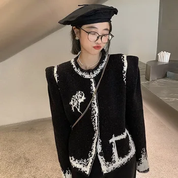 Doamnelor Cardigan Elegant Sacou De Lux Pulover Negru Jacquard Francez De Epocă De Înaltă Calitate De Brand De Lux Cardigan Strat