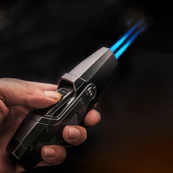 Duble Drepte Albastru Flacără de Gaz Butan Brichetă din Metal Rece Lanterna Windproof Arma cu Vizibile Transparent Tronsonul Gadget-uri pentru Bărbați