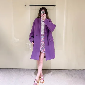 Elegant Dublu Breasted Lână Coats pentru Femei Vintage Rever Maneca Lunga Liber Jachete de Iarnă 2022 Streetwear Violet Outwears