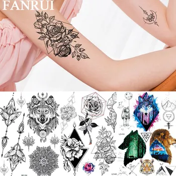 FANRUI Geometrice de Flori de Trandafir Frunze Tatuaj Temporar Autocolant Negru Diamant Fox Lanțuri Fals Tatuaj Body Art Deco Brațul Personalizate Tato