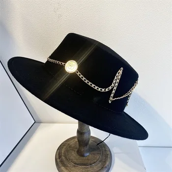 Fedora pălărie de top plat pălărie de lână doamnelor temperament moda scrisoare lanț de aur pălărie de fetru cu boruri largi pălărie de iarnă pălărie cald