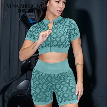 Femei Costum de Sport Yoga Pantaloni Snake Print cu Fermoar Scurt, cu mâneci lungi Top Sport Stramte pantaloni Scurți din Două piese, Haine de Antrenament