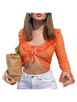Femei Cu Maneci Lungi Florale Topuri Casual Flare Sleeve Lace Zburli Până Crop Top Sexy Deschisă Față Tricou Bluza De Moda Streetwear