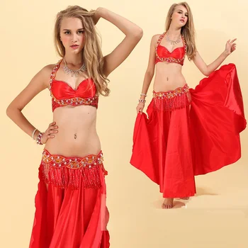 Femei De Moda India Dans Din Buric, Costume De Dansatoare De Performanță Etapă Haine Rosii 3 Buc Sutien + Curea + Fusta Set