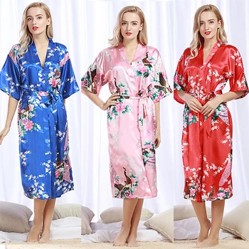 Femei din Satin Sexy Kimono-Halat de baie Genunchi Lungime domnișoare de Onoare de Imprimare Halat de Baie Plus Dimensiune Mireasa Rochie pentru Nunta Sleepwear