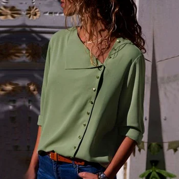 Femei Elegante Singur Pieptul Casual Șifon Bluze Neregulate Oblic Guler Tricouri De Culori Solide Cu Maneci Lungi Vrac Naveta T-Shirt