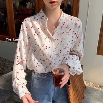 Femei Florale Imprimare Gât O Bluza Singur Pieptul Liber de Agrement Maneca Lunga Bluza Șifon