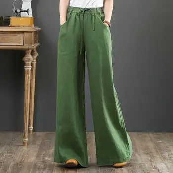 Femei Pantaloni Vintage Causals Lenjerie de pat din Bumbac de Înaltă Talie Pantaloni Colector Direct Pantaloni cu Buzunare,de Culoare Solidă fierbinte de vânzare 2021