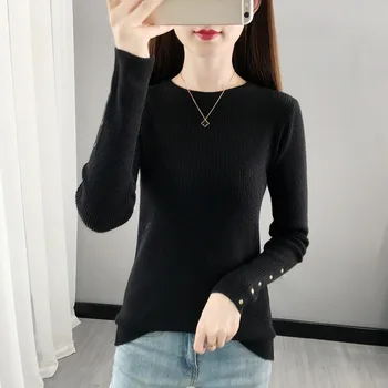 Femei pe gât rotund pulover cu mâneci lungi pulover Negru