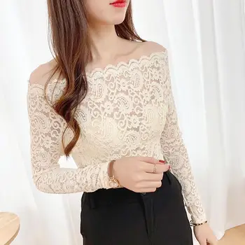 Femei Primavara-Vara Stil Dantelă Bluze Tricou Femei Broderie Slash gât Culoare Solidă Maneca Lunga coreean Elegante, Topuri SP8734