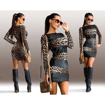 Femei Rochie Bodycon Sexy Leopard din Piele de Îmbinare Mânecă Lungă O-gât Mini Club, Rochii de Club, de Seara Rochie de Petrecere Vestdos