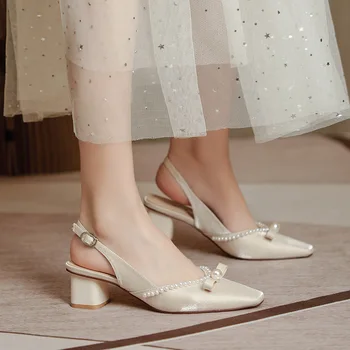 Femei Sandale 2022 Elegant Mijlocul Toc de Moda de Vară Farmece Pompe Pentru Femeie Pantofi Office Dulce Indesata toc Șir de Mărgele Tocuri inalte