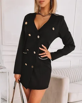 Femei Talie Mare Maneca Lunga Moda Breasted Dublu Lanț De Decor Blazer Coat Rochie Mini Casual