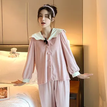 Femei Toamna Și Iarna Nou-Prietenoase cu Pielea de Catifea cu Mâneci Lungi 2 buc Sleepwear Set de Pijama Homewear Cămășuță de noapte de Două Bucata Costum Pijama