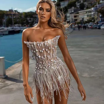 Femei Vara de Lux, Sexy Strapless Ciucure Margele Rochie Mini Bodycon 2022 Elegant de Seara de Club, Costume de Partid