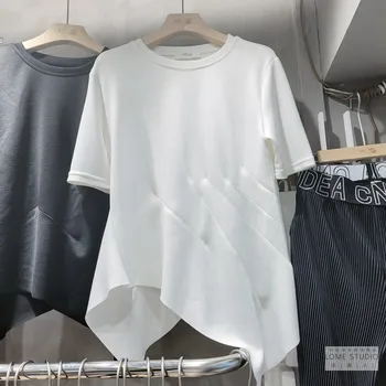 Femei Vara Neregulate Design Cămașă Albă Gât Rotund Maneca Scurta Tricou De Moda Coreeană 2021 Design De Moda Negru Bluza