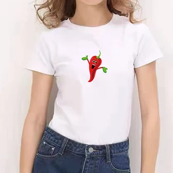 Femeile Chili Tipărite de Bază O-Neck T-shirt Doamna Harajuku Kawaii Frumoasa de Vara Casual T-shirtWhite Topuri Femei T-shirt