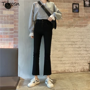 Flare Jeans Femei Design căptușite-Blană Glezna-lungime Pantaloni din Denim coreean Elegant Negru Solid Elastic Talie Înaltă Jean Femeie Elegant