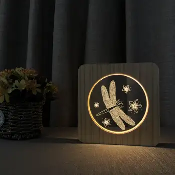 Floare frumoasa Libelula 3D Lemn Acrilice Lampă Lumina de Noapte din Lemn 3D LED Masă Lampă Alb Cald Decorare Dormitor Pentru fete