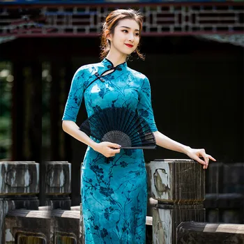 Floral Albastru Turma Cheongsam Invențiile Chinezești Practică Rochie Nod Buton Elegant Dans Clasic Artă Test Haine De Corp Rima