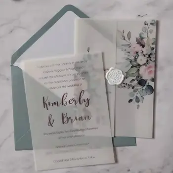 Folie de argint Carte de Invitație, cu Verdeață, Flori Sacou Alb si Ceara de Sigilii pentru Nunta Țară