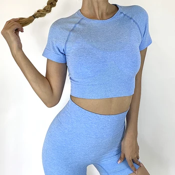 Fără sudură de Yoga Tricou Femei Tricouri Sexy Expuse Buric Yoga tricouri Solid Tricouri Sport iute Uscat Sala de Fitness Culturilor Topuri