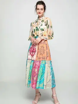 Galben flori imprimate papion cravată floral bluza + fusta mare moda costum de vară 2021 femei pe plaja fusta