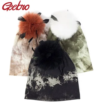 Geebro Unisex Moda Tie Dye Cotton Chelioși Căciuli Femei Calda De Toamna Si Iarna Capace De Stil Nou, Cu Struț Pompom Blană Pălărie Capota