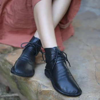 Ghete Femei Din Piele Pantofi De Toamnă Pentru Femei Tocuri Joase Lucrate Manual Din Piele Moale Femei Pantofi Retro Calarie Pentru Vânzare 2022