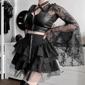 Goth Estetice Dantelă Fusta Mini pentru Femei Întuneric mediul Academic Plasă de Mozaic Fusta a-Line Punk Stil de Petrecere Negru