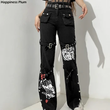 Gotic Bandaj Femei Blugi Largi Estetice Harajuku Desene Animate De Imprimare Negru Pantaloni Din Denim Inchis Mediul Academic Inaltime Talie Pantaloni