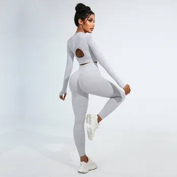 Gri Camuflaj Imbracaminte Cu Maneci Lungi Yoga Seturi De Fitness Femei Salopeta 2 Piese Sport Sală De Gimnastică Seturi Pentru Femei Costume De Antrenament Yoga Purta