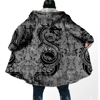 Gros Cald Mantie cu Glugă pentru Barbati Yin Și Yang Dragonul Lup Palton Haina de Imprimare 3D Windproof Fleece Cape Haina cu Glugă Pătură-2