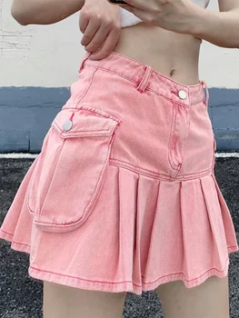 Harajuku Streetwear Casaul Vara Punk Buzunar Mozaic Talie Inalta Fusta Plisata Fete Hot Pink Mini Denim Pentru Femei