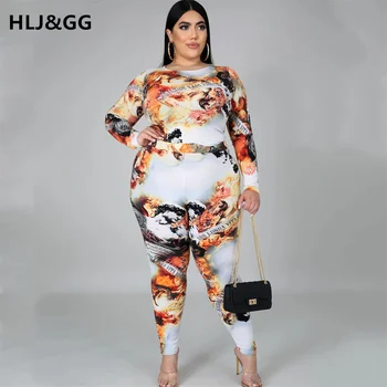 HLJ&GG Plus Dimensiune Două Seturi de Piese Femeile Tie Dye Print Homewear Casual cu Maneci Lungi Tricou Și Pantaloni Lungi, Treninguri Streetwears