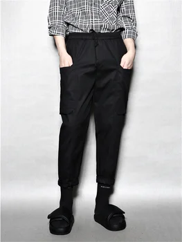 Hong Kong bărbați stil original, multi-buzunar simplu salopeta negru conic picioare pantaloni trunchiate