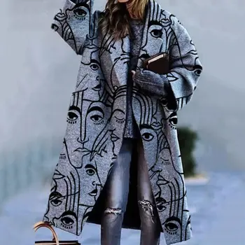 Iarna Imprimare la Cald Lână Haina Doamnelor Moda Streetwear Jacheta 2021 Toamna Femei Vrac Împletit Carouri cu maneca Lunga-Sacou Rever