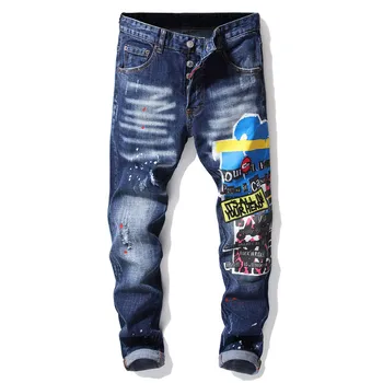 Imprimate cu albastru, Blugi Bărbați de talie mijlocie Slim Pantaloni Drepte Tineri de Moda Stradă Casual Toamna Iarna Blugi