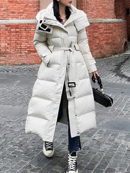 Jaket Panjang Musim Dingin Baru Moda Aron Bertudung Ritsleting 90% Putih Sabuk Luar Salju Hangat Tebal Rampă