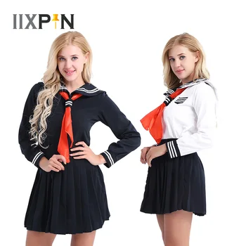 Japoneze Anime Cosplay Costum Fată Școală Uniformă Costum de marinar Tricou cu Maneca Lunga cu Fusta Plisata Triunghi Cravată Set