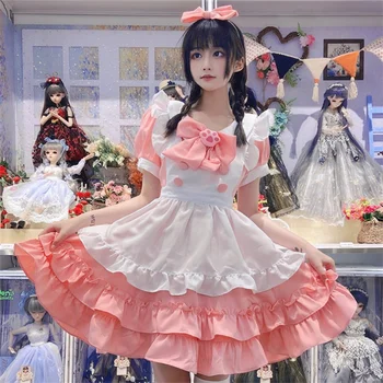 Japoneze Menajera Costum Cosplay Anime Lolita Servitoare Cu Șorț Uniformă Petrecere De Carnaval Rochie Pentru Fete Drăguț Arc Alb Roz Mini Rochie Tort