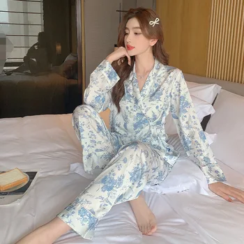 Jxgarb Peisaj Imprimare Casual Pentru Femei Din Satin Set De Pijama Stil Chinezesc Primavara Frumoasa De Toamna Cu Maneci Lungi, Pantaloni, Haine De Noapte