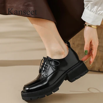Kanseet Pantofi pentru Femei New Sosire Square Toe din Piele Concis Manual Tocuri Indesata Casual Doamna Încălțăminte de Vară Negru 40