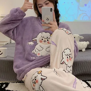 Kawaii Flanel Cald Set 2 Piese Pentru Femei Pijama De Iarna Pijamale Cu Maneci Lungi Pantaloni Dinozaur Drăguț Coreeană Moale Haine De Casa Cadou