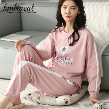 Kmbraeal Bumbac Femeie Pijama Set 2 Piese Primavara Toamna Sleepwear Sport Homewear fata de Confortabil să Poarte în Afara Plus Dimensiune