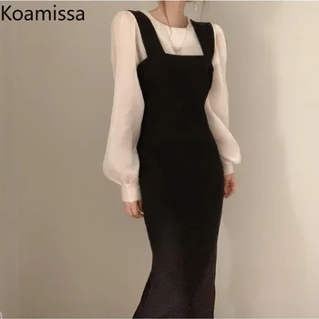 Koamissa Stabilește Noi Manșon de Puf se Vedea prin Tricoul Alb Și Solid 2021 coreeană de Moda Rochie fără Mâneci Femei din Două Piese Costum de Toamna