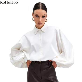 KoHuiJoo Alb Bluze Femei cu Maneci Lungi Vrac Lantern Maneca Topuri Casual Solid Cămăși de Mătase de Primăvară blusas mujer de moda 2022