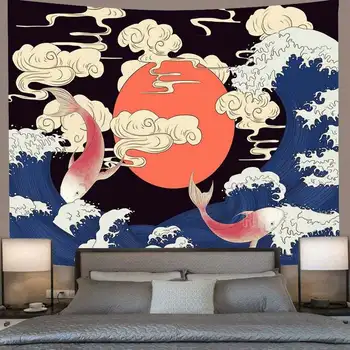 Koi Pește În Ocean Val Tapiserie Japoneză Chineză Clasic De Arta De Perete Pentru Camera De Zi Dormitor Dormitor Decor Acasă